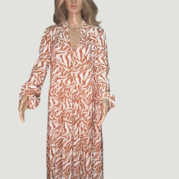 Dresses & Skirts - FRESHA London Daphine Maxi Dress Orange White Zebra Tiered Boho L/S V-Neck SZ: M